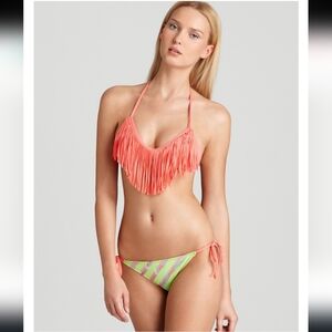 L*Space Audrey Fringe Halter Bikini Coral Festival Top Sz Small/D Cup | Vintage